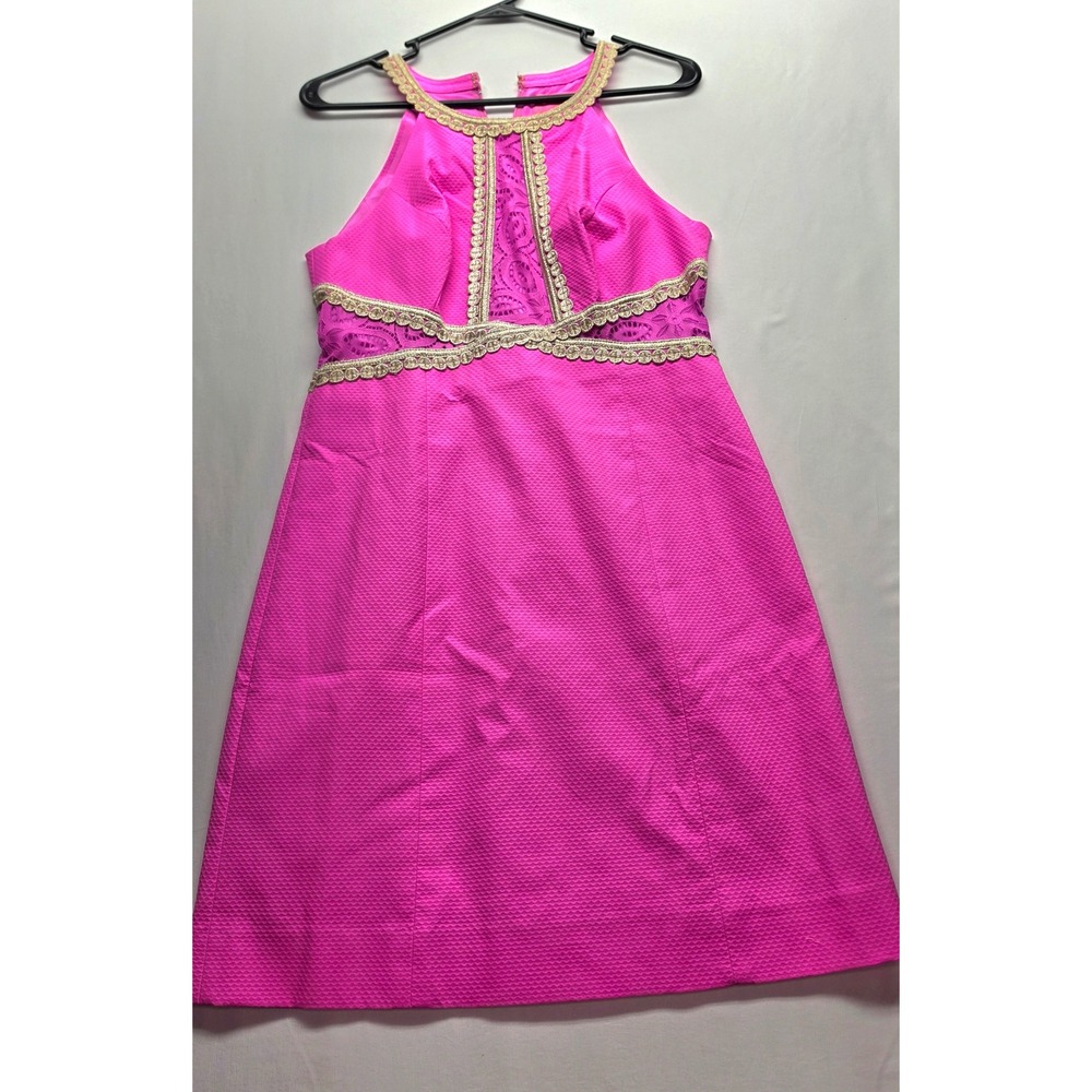 Lilly Pulitzer Pink Pique Halter Shift Dress Gold Soutache Lace Trim Size 2